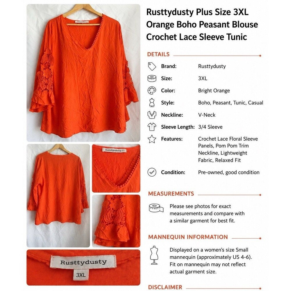 Rusttydustty Orange Floral 3/4 Bell Sleeve V Neck Blouse Women's Plus 3XL Viscoe